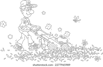 Funny boy lawnmower with a grass-cutter tending his summer lawn, black and white outline vector cartoon illustration for a coloring book