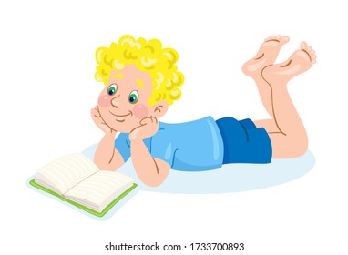 Funny boy lies and reads a book. In cartoon style. Isolated on white background. Vector flat illustration.