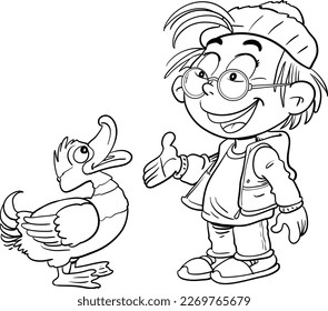 Funny boy and little duck black and white outline. Hand drawn vector illustration 