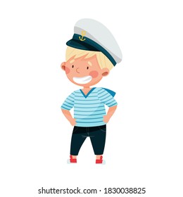 Funny Boy in Mariner Striped Vest and Forage Cap Standing and Smiling Vector Illustration