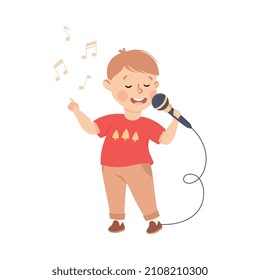 Funny Boy mit Mikrofon Singing Song auf Stage Vektor Illustration.