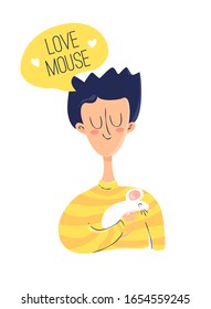 Funny boy with a mouse in his hand. Cartoon card in flat linear style. Vector.