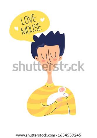 Funny boy with a mouse in his hand. Cartoon card in flat linear style. Vector.