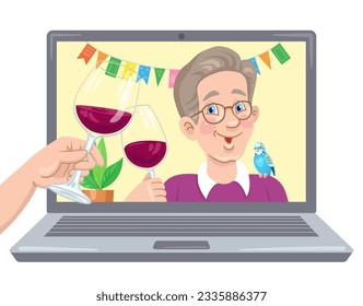 Funny boy on the laptop screen clinks a glass of red wine with his virtual friend. Video chat online. Internet communication at a distance. In cartoon style. Vector flat illustrations.