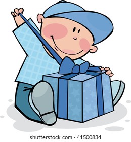 Funny boy opens the gift