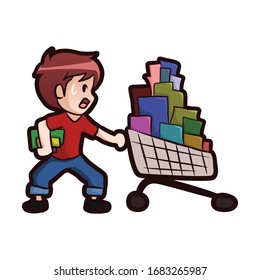 funny boy panic buying cartoon vector illustration