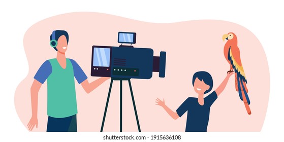 Funny Boy Photographing With Parrot. Camera, Bird, Pose Flat Vector Illustration. Exotic Animals And Fun Concept For Banner, Website Design Or Landing Web Page