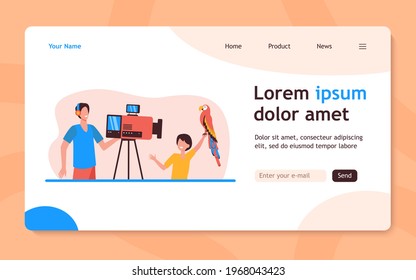 Funny Boy Photographing With Parrot. Camera, Bird, Pose Flat Vector Illustration. Exotic Animals And Fun Concept For Banner, Website Design Or Landing Web Page