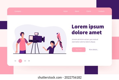 Funny Boy Photographing With Parrot. Camera, Bird, Pose Flat Vector Illustration. Exotic Animals And Fun Concept For Banner, Website Design Or Landing Web Page