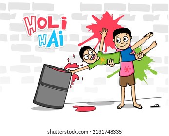 Funny Boy Picking Up His Friend To Put Him In Barrel Full Of Liquid Color On White Brick Wall Background And Sticker Style Holi Hai (It's Holi) Text.