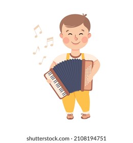 Funny Boy Playing Accordion Musical Instrument Performing on Stage Vector Illustration