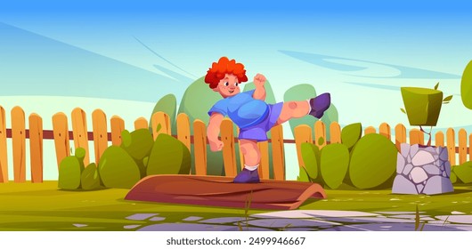 Funny boy playing alone in backyard. Vector cartoon illustration of chubby red-haired kid practicing karate outdoors, standing on tree log and kicking leg, green lawn and trees, summer holidays fun