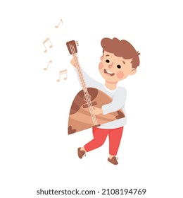 Funny Boy Playing Balalaika Musical Instrument Performing on Stage Vector Illustration