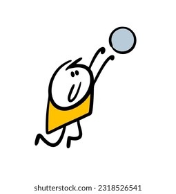 Niño gracioso jugando con pelota en la playa. Ilustración vectorial del voleibol masculino y deportivo. Palo de caricatura aislado sobre fondo blanco.