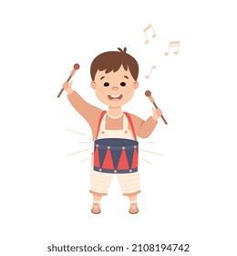 Funny Boy Playing Drum Musical Instrument Performing on Stage Vector Illustration