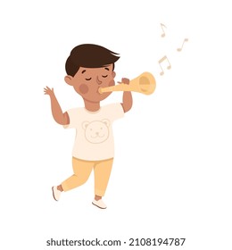 Funny Boy Playing Flute Musical Instrument Performing on Stage Vector Illustration