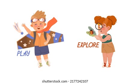 Niño gracioso jugando a volar con avión y niña explorando la naturaleza con vidrio de aumento que muestra conjunto de vectores de verbo