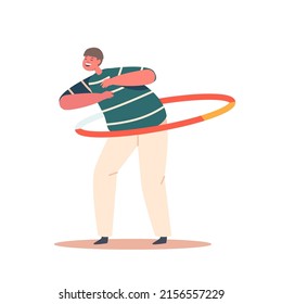 Funny Boy Playing with Hula Hoop Isolated on White Background. Kid Male Character Rolling and Spinning Ring around the Waist. Child Happy Spare Time Recreation. Cartoon People Vector Illustration