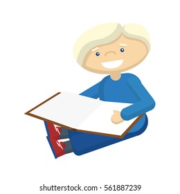 Funny boy playing on the playground with book. Cartoon characters on white background.