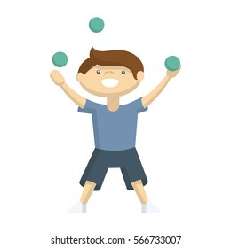 Funny boy playing on the playground with balls. Cartoon characters on white background.