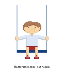 Funny boy playing on the playground with kids swing. Cartoon characters on white background.