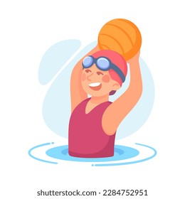 Funny Boy Playing Polo with Ball Doing Water Sport Activity Vector Illustration