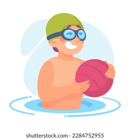 Funny Boy Playing Polo with Ball Doing Water Sport Activity Vector Illustration