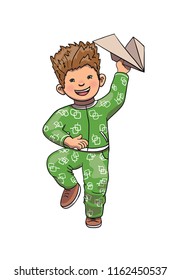 Funny Boy Playing, Running and Launching Airplane. Boy Cartoon Character Vector Illustration. Isolated on white. Vector Graphic.
