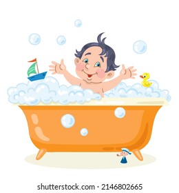 Funny boy plays in the bath with soap foam and toys. In cartoon style. Isolated on white background. Vector illustration