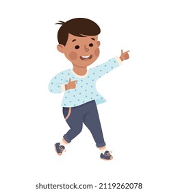 Funny Boy Pointing at Something with Extending Hand and Index Finger Vector Illustration