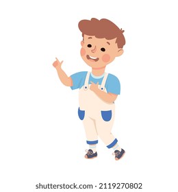Funny Boy Pointing at Something with Extending Hand and Index Finger Vector Illustration