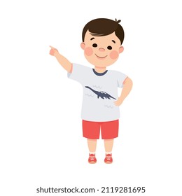 Funny Boy Pointing at Something with Extending Hand and Index Finger Vector Illustration