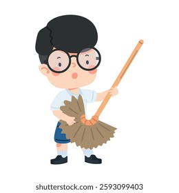 funny boy pretending to play guitar with a broom