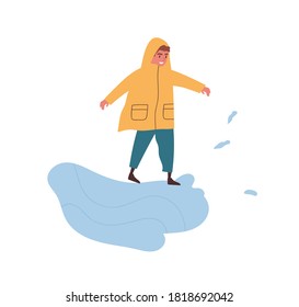 Funny boy in raincoat playing in puddle enjoying autumn weather vector flat illustration. Smiling male kid in seasonal clothes performing outdoor activity isolated. Happy child spend time at street