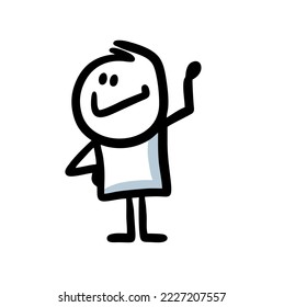 Funny boy with rising up hand with cute smile. Vector illustration of friendly stickman character.