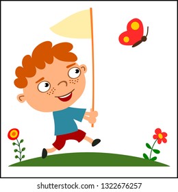 Funny boy running in a green meadow with a butterfly net in cartoon style