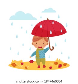 Funny Boy in Scarf and Sweater Holding Umbrella Walking in Rainy Day Enjoying Autumn Season Vector Illustration