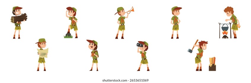 Funny Boy Scout in Khaki Uniform Natur entdecken Vektor Set