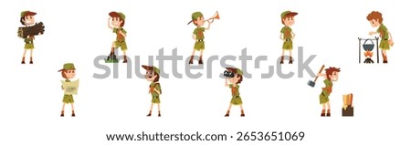 Funny Boy Scout in Khaki Uniform Explore Nature Vector Set