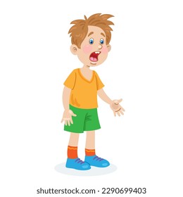 Niño gracioso grita. Al estilo de las caricaturas. Aislado sobre fondo blanco. Ilustración plana vectorial.