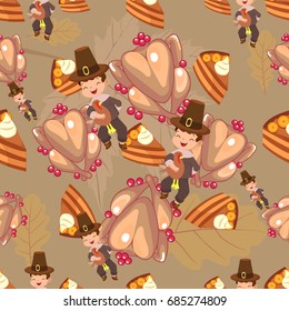 Funny boy seamless pattern. Holiday decoration. Thanksgiving Day seamless pattern. Autumn season design. Fall pattern. Repeating autumn  background. 