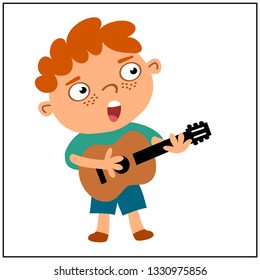 Funny boy singing and playing guitar isolated on white background.