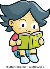 Funny boy sit down and reading book cartoon illutration
