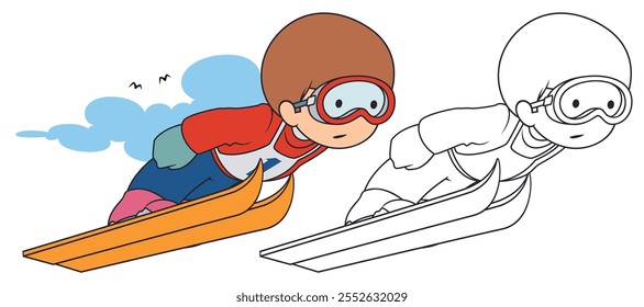 Funny boy skier. Illustration concept template for website, web landing page, banner, presentation, social, poster, promotion or print media.
