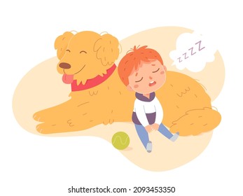 Niño gracioso durmiendo con perro en la perezosa ilustración vectorial de la siesta. Niño cansado de caricatura que se queda dormido en una pose linda después de jugar juegos activos con mascota, descanso del sueño de un niño con cachorro aislado en blanco