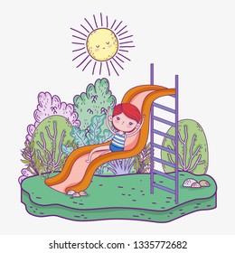 funny boy in the slide with sun and trees