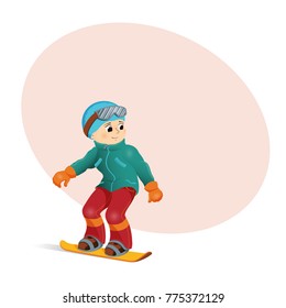 Funny boy snowboarding downhill, place for text