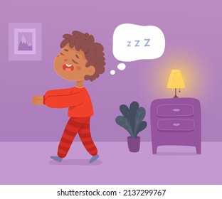 Funny boy somnambulist sleepwalking at night vector illustration. Cartoon little child sleeping, lunatic kid in pajamas walking near sofa in home living room. Somnambulism disorder concept