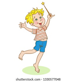 Funny boy standing on one leg swings his magic wand. In cartoon style. Isolated on white background.