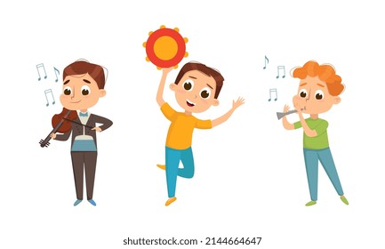 Funny Boy Standing and Playing Flute and Violin Vector Set